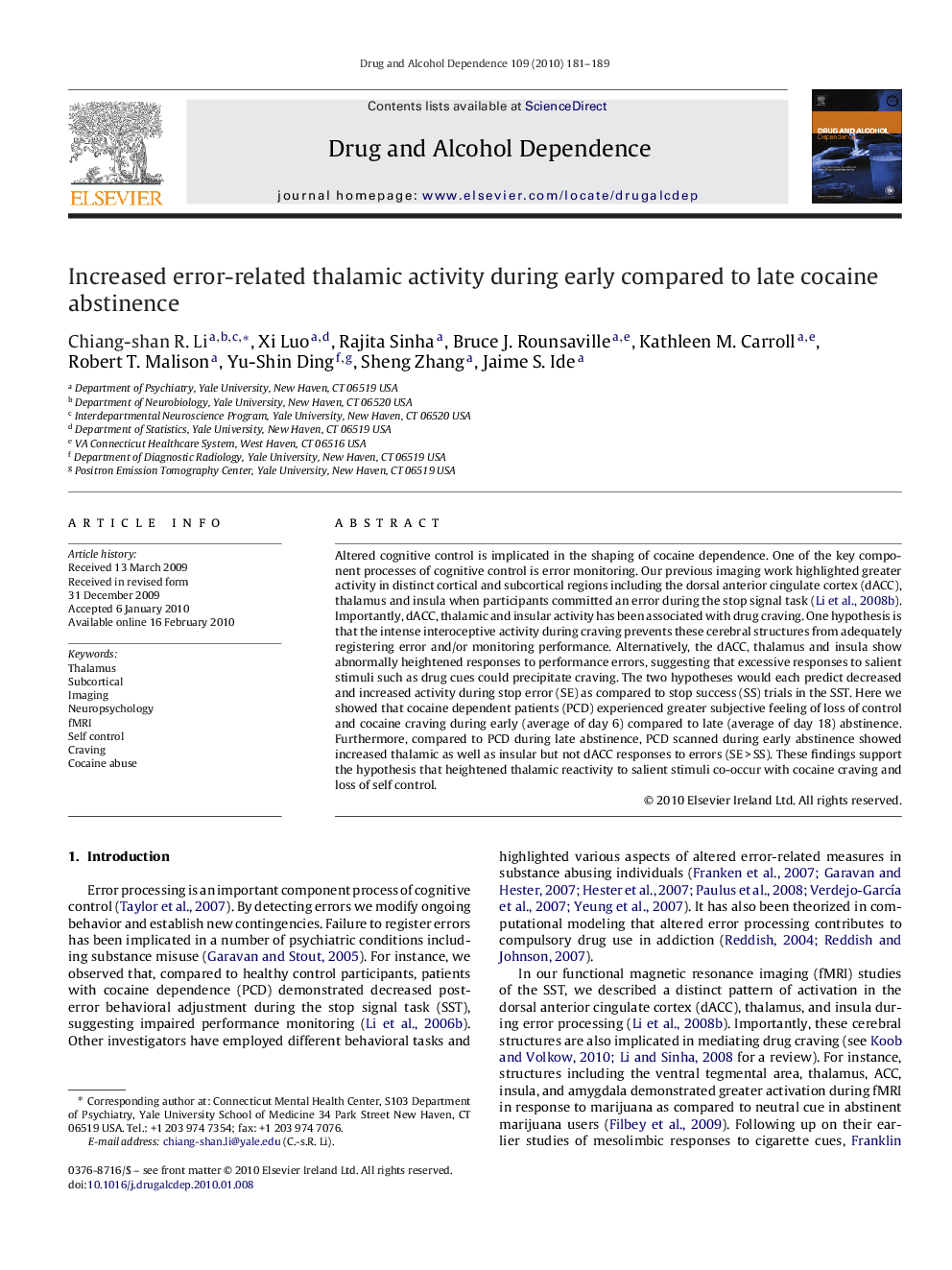 Increased error-related thalamic activity during early compared to late cocaine abstinence