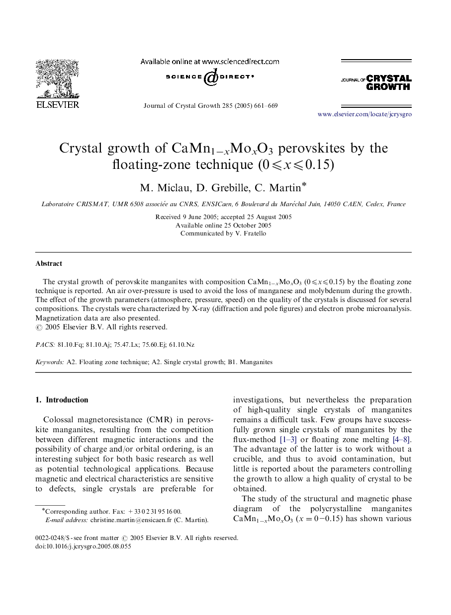 Crystal growth of CaMn1âxMoxO3 perovskites by the floating-zone technique (0â©½xâ©½0.15)