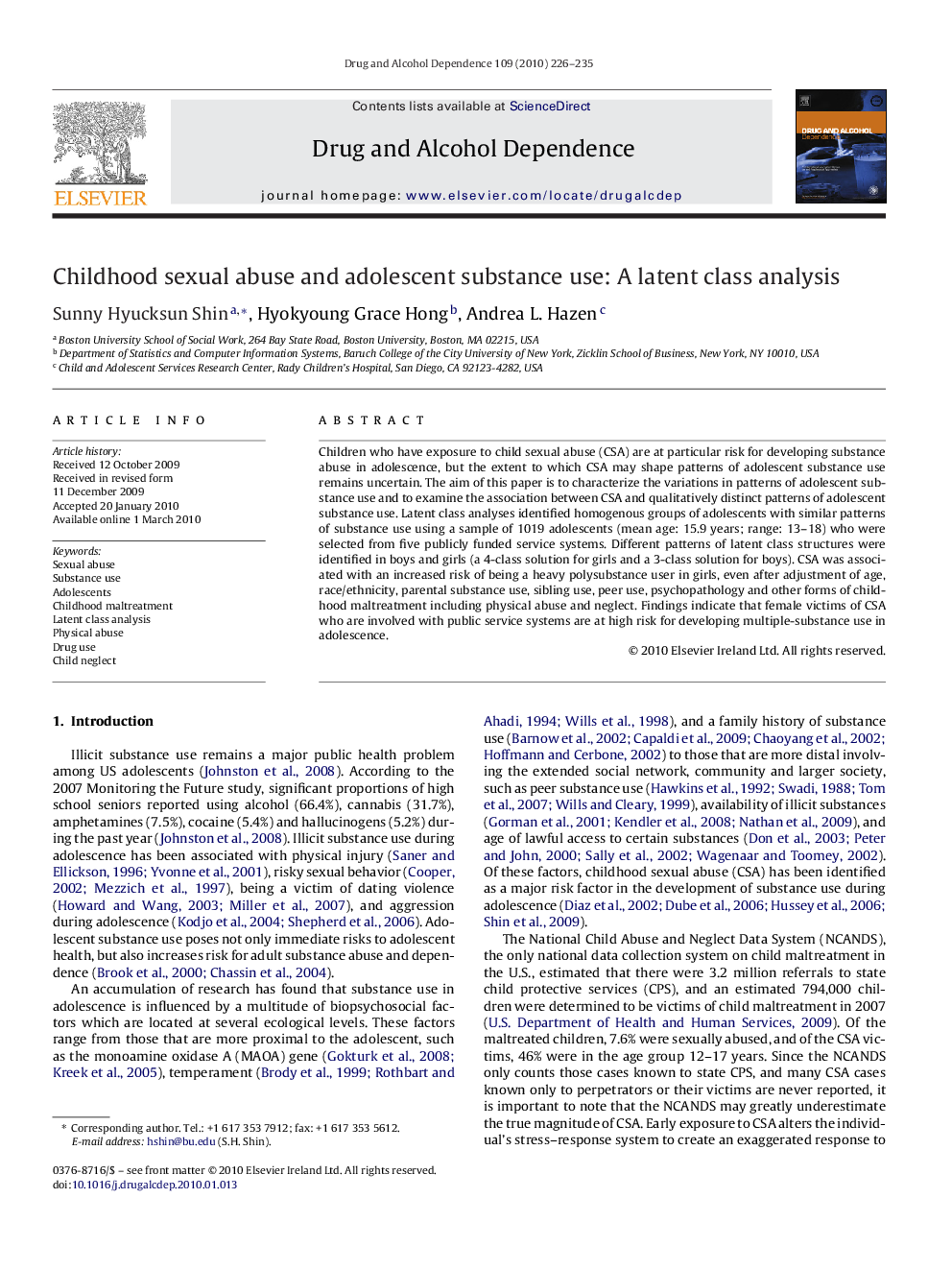 Childhood sexual abuse and adolescent substance use: A latent class analysis