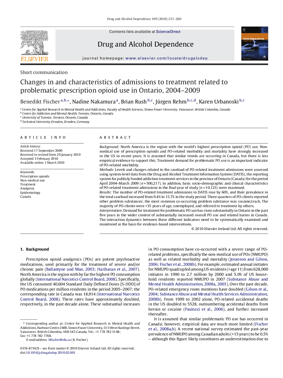 Changes in and characteristics of admissions to treatment related to problematic prescription opioid use in Ontario, 2004–2009