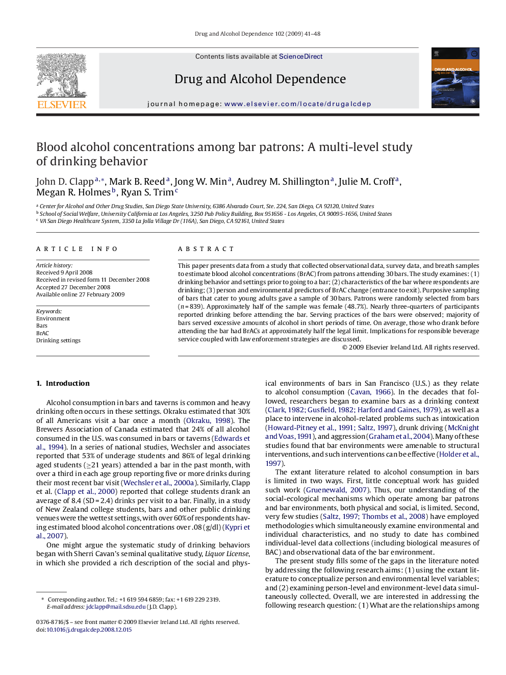 Blood alcohol concentrations among bar patrons: A multi-level study of drinking behavior