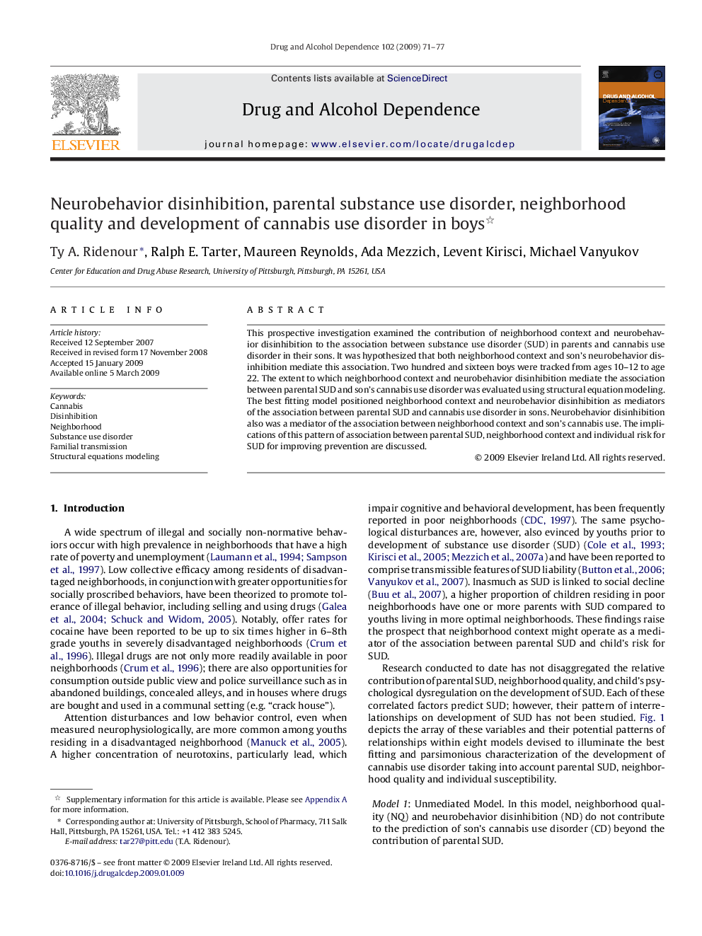 Neurobehavior disinhibition, parental substance use disorder, neighborhood quality and development of cannabis use disorder in boys 