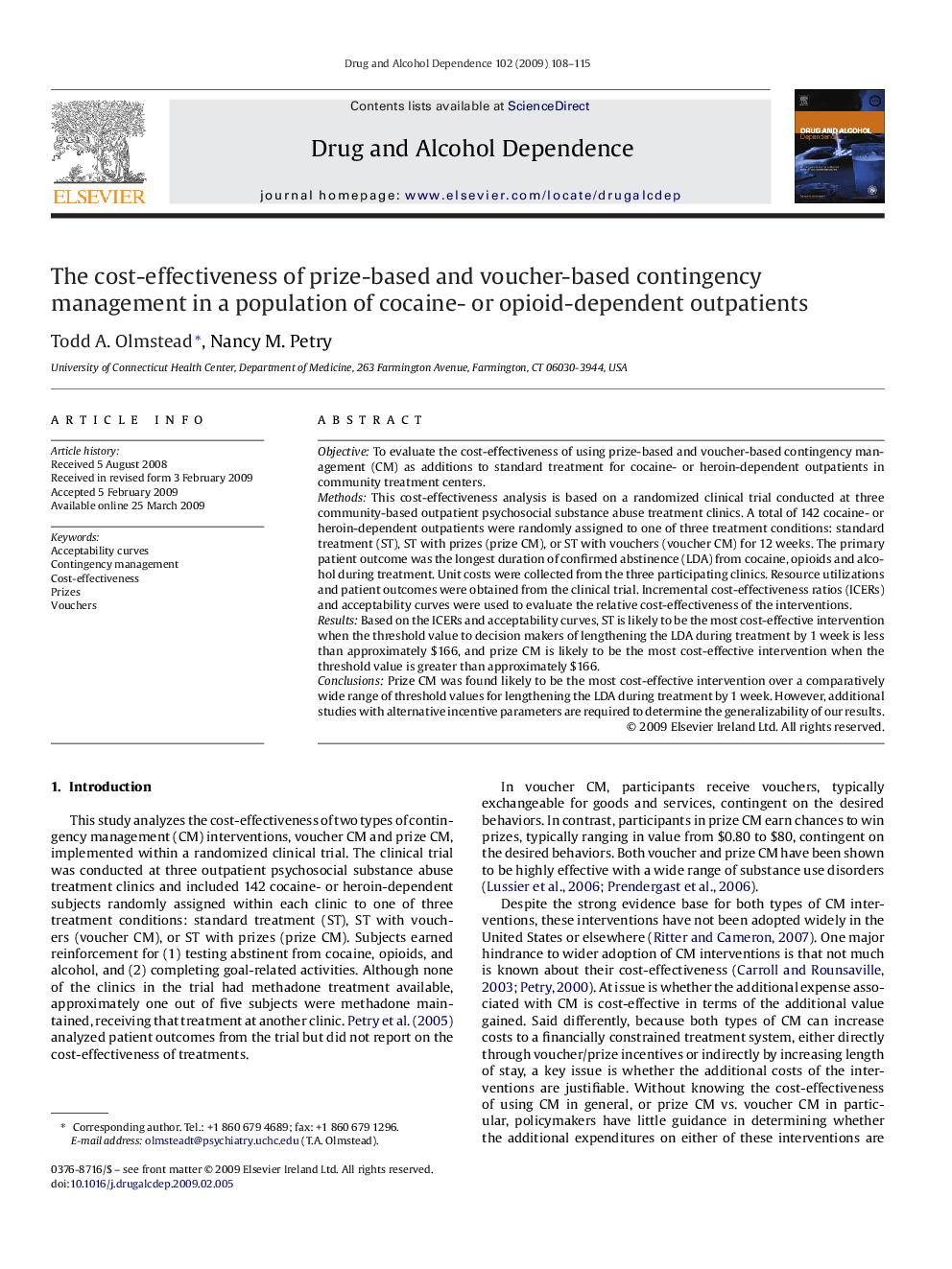 The cost-effectiveness of prize-based and voucher-based contingency management in a population of cocaine- or opioid-dependent outpatients