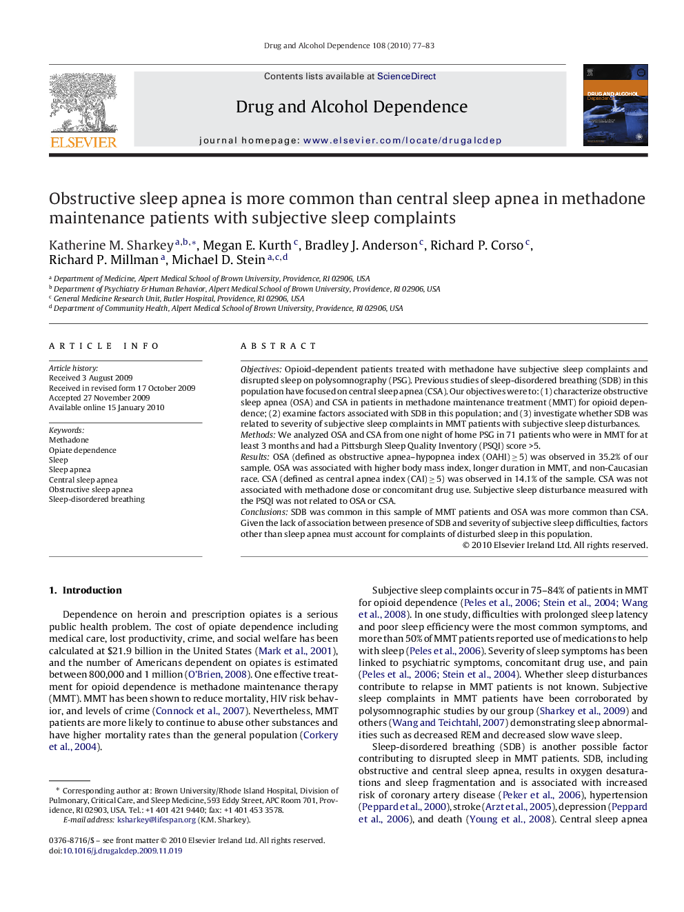 Obstructive sleep apnea is more common than central sleep apnea in methadone maintenance patients with subjective sleep complaints