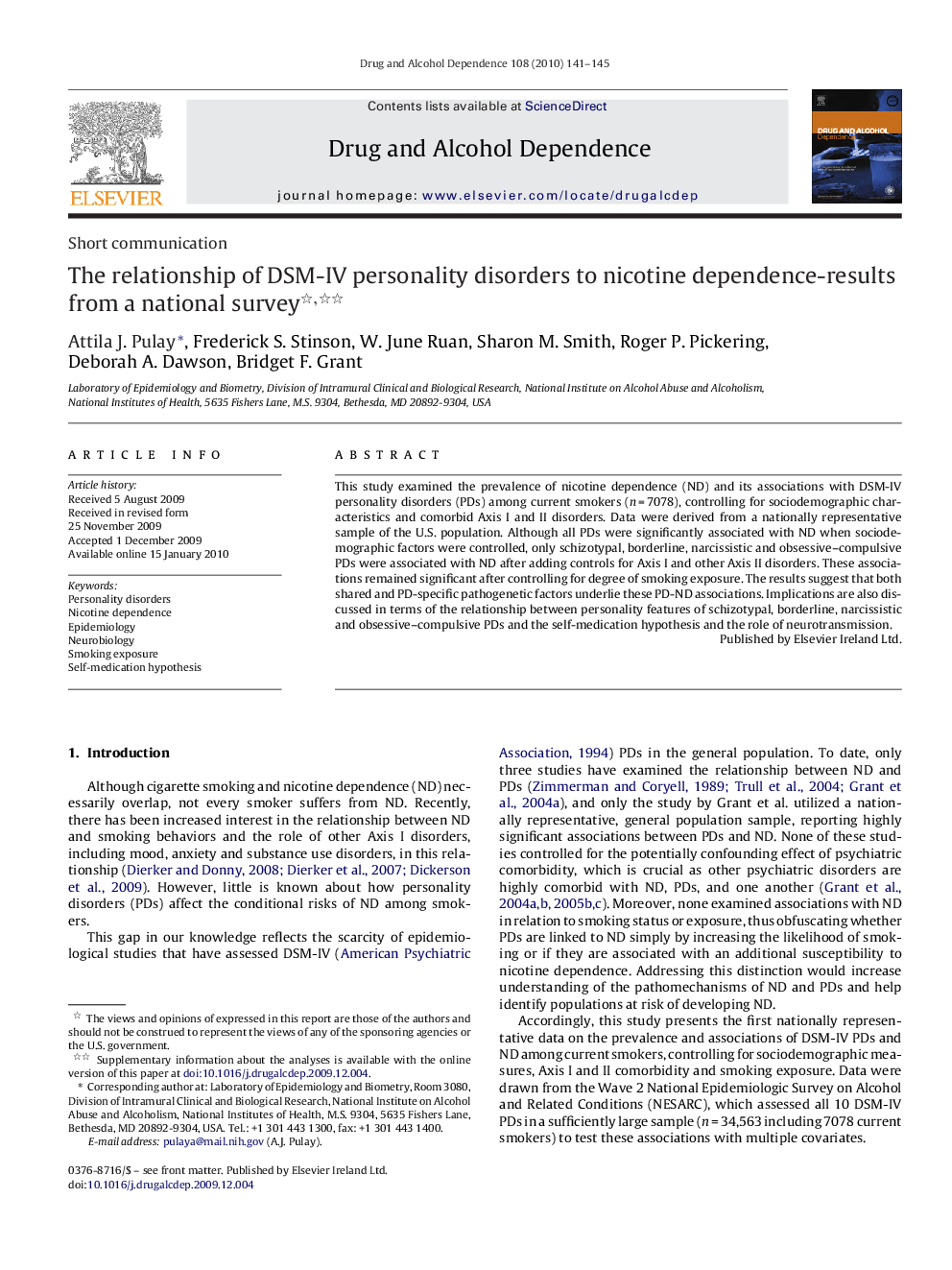 The relationship of DSM-IV personality disorders to nicotine dependence-results from a national survey 