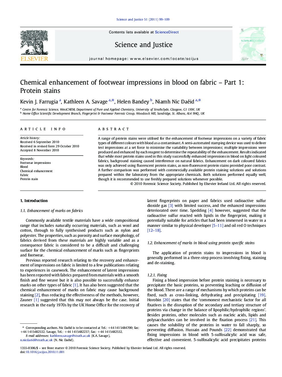 Chemical enhancement of footwear impressions in blood on fabric – Part 1: Protein stains