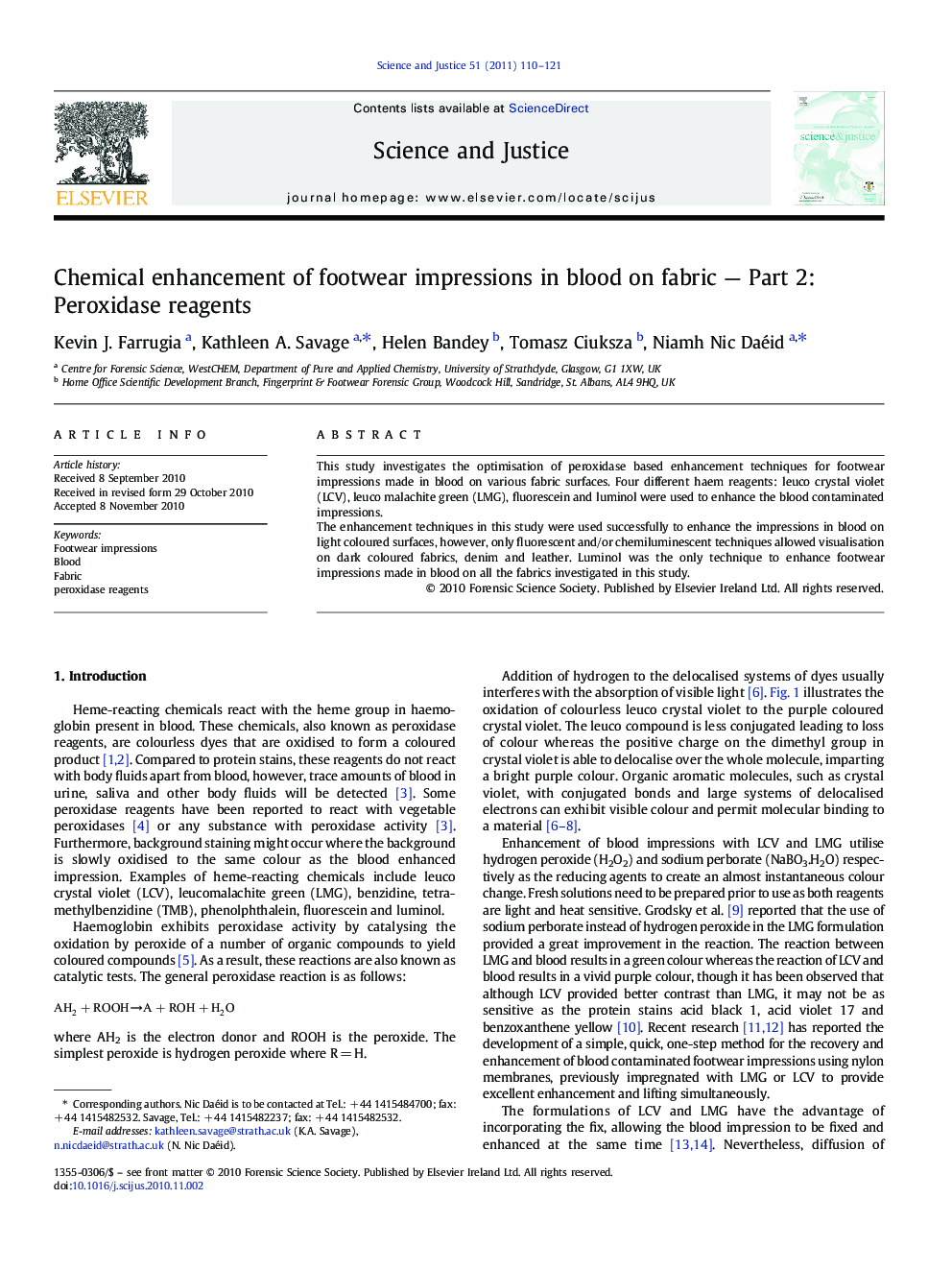 Chemical enhancement of footwear impressions in blood on fabric — Part 2: Peroxidase reagents