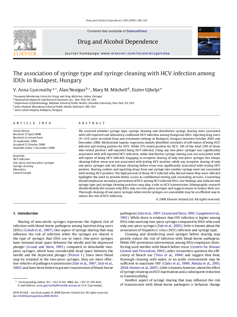 The association of syringe type and syringe cleaning with HCV infection among IDUs in Budapest, Hungary