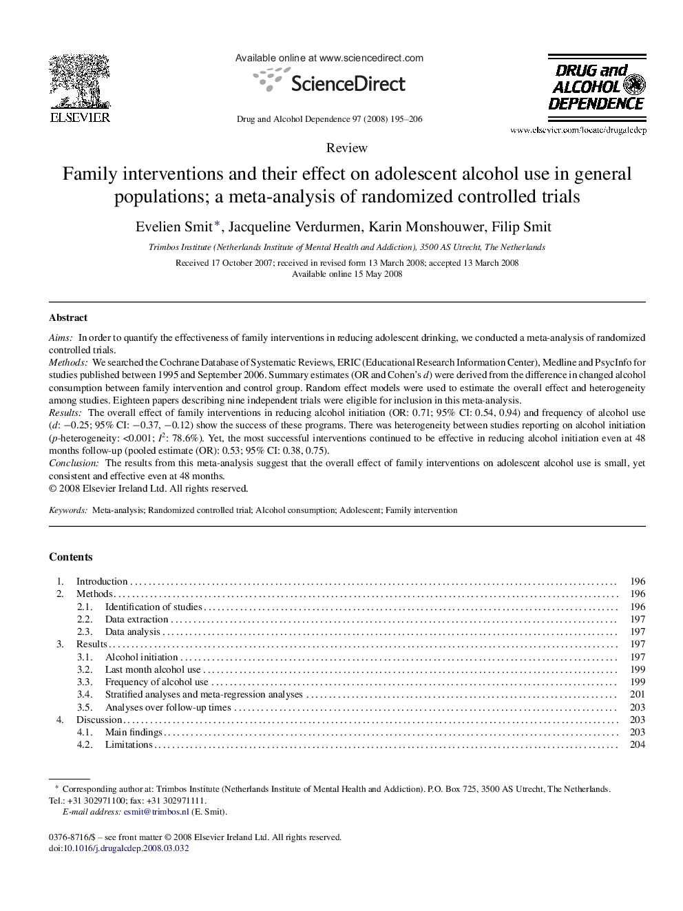 Family interventions and their effect on adolescent alcohol use in general populations; a meta-analysis of randomized controlled trials