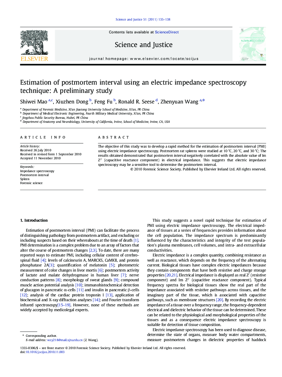 Estimation of postmortem interval using an electric impedance spectroscopy technique: A preliminary study