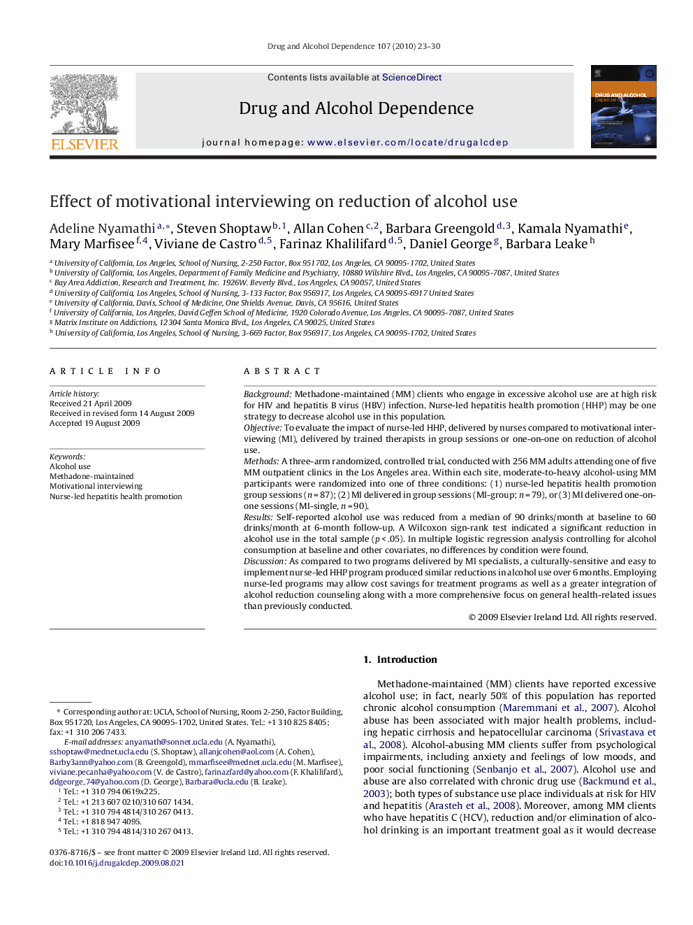 Effect of motivational interviewing on reduction of alcohol use