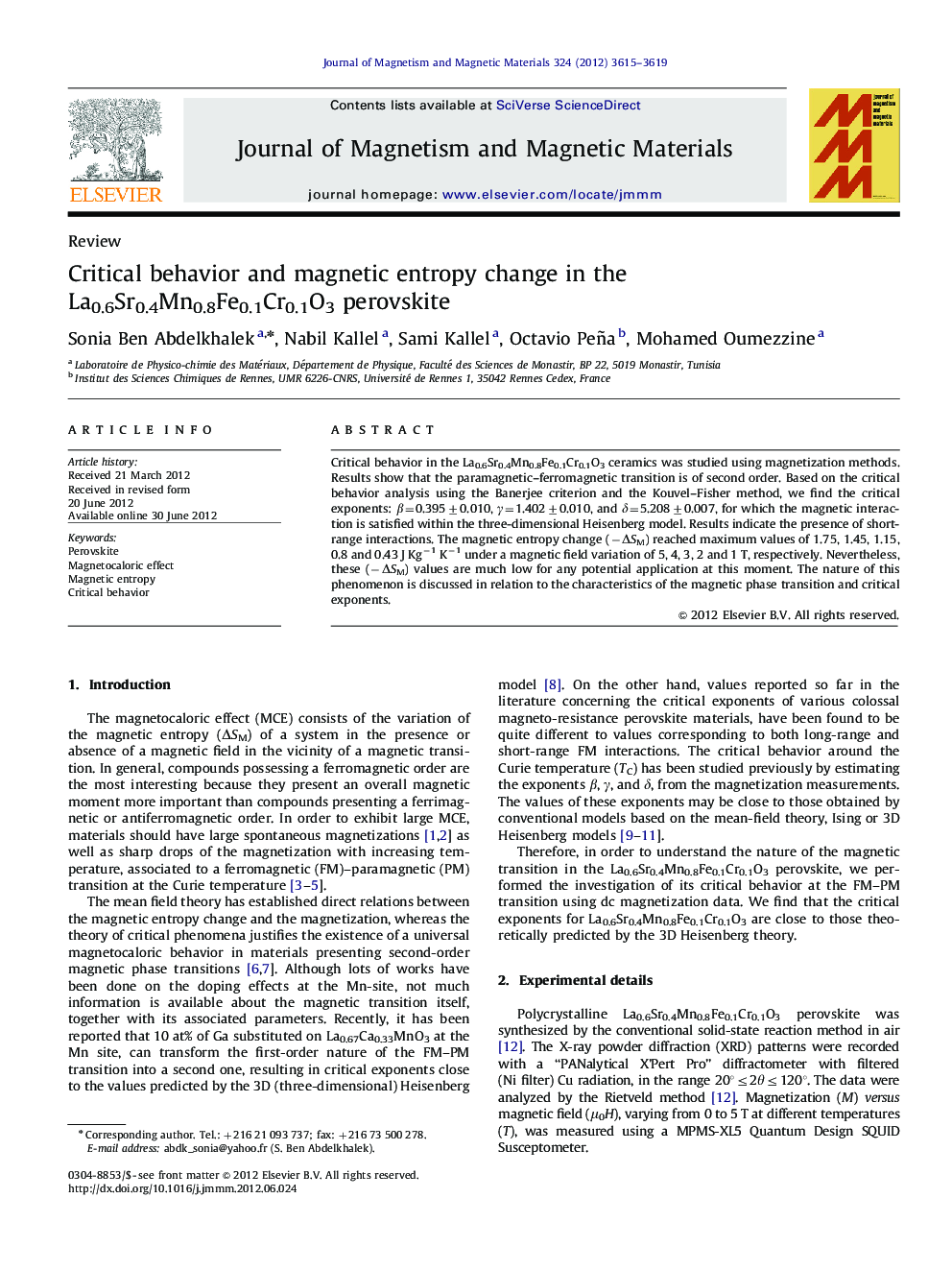 Critical behavior and magnetic entropy change in the La0.6Sr0.4Mn0.8Fe0.1Cr0.1O3 perovskite