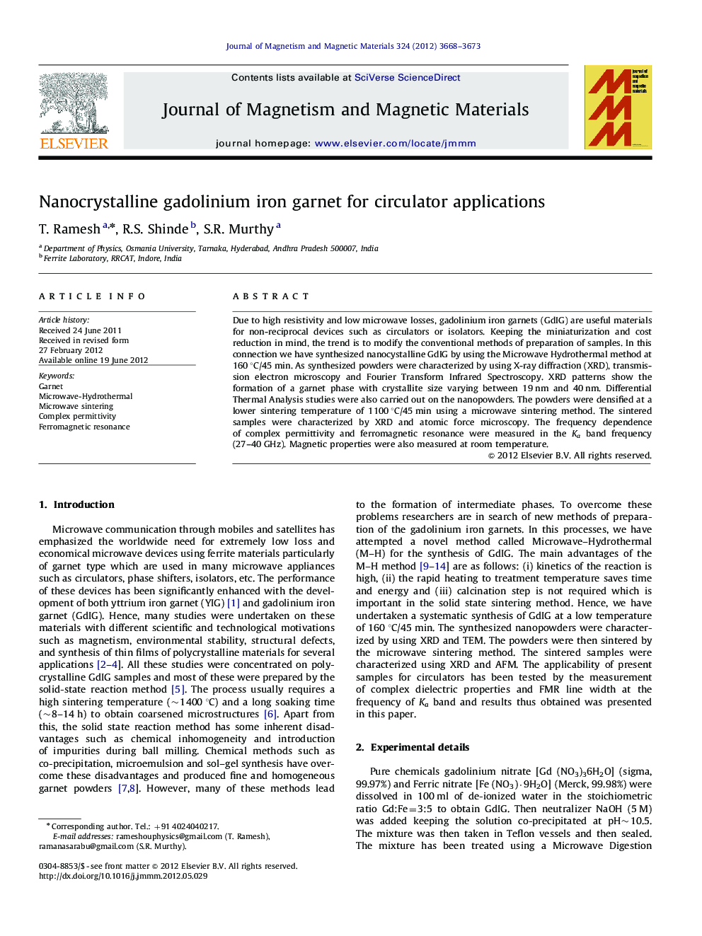 Nanocrystalline gadolinium iron garnet for circulator applications