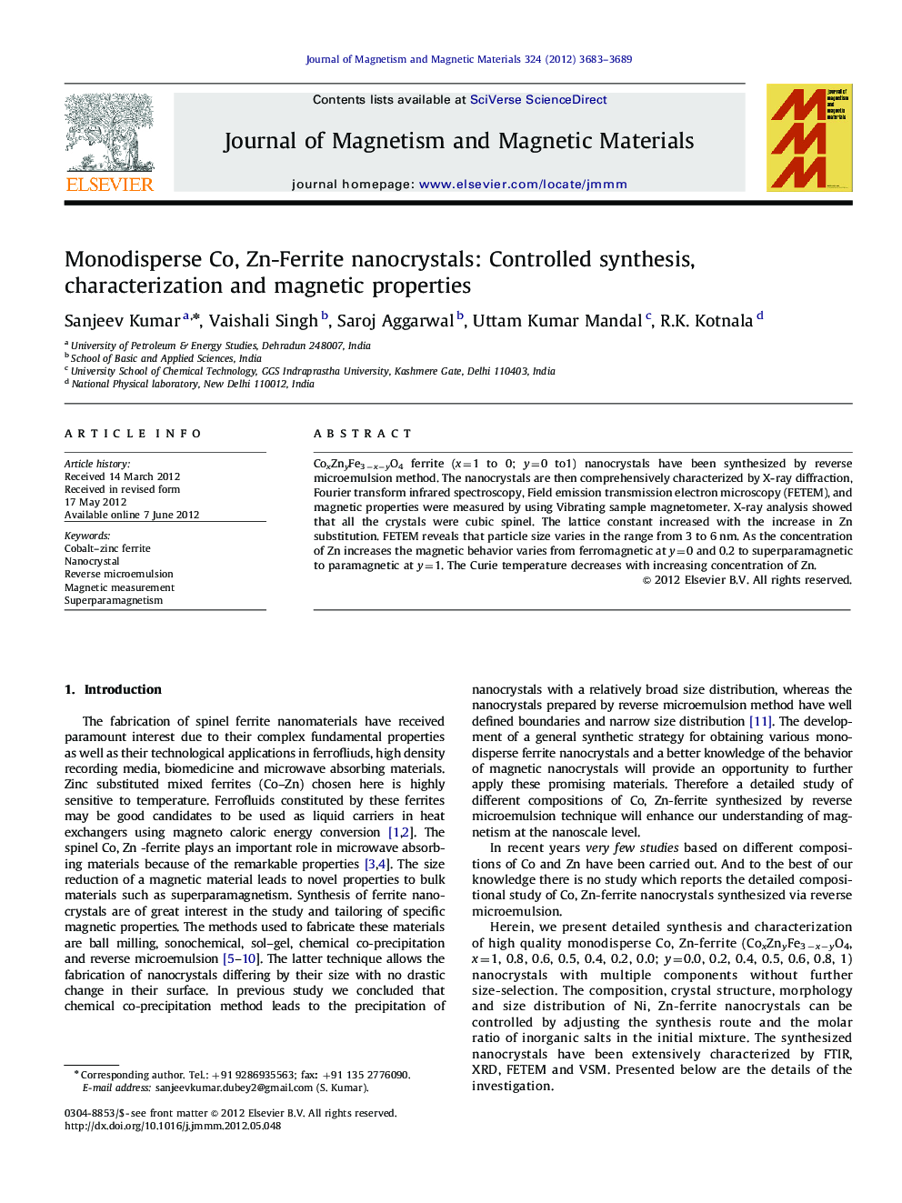 Monodisperse Co, Zn-Ferrite nanocrystals: Controlled synthesis, characterization and magnetic properties