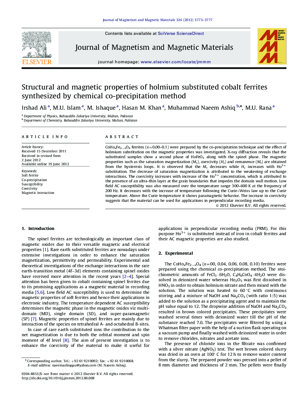 Structural and magnetic properties of holmium substituted cobalt ferrites synthesized by chemical co-precipitation method