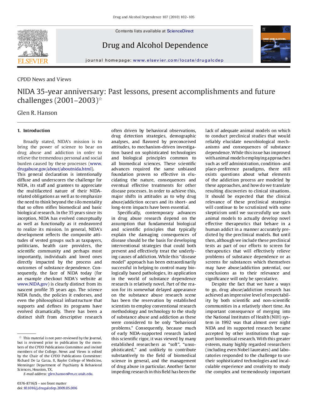 NIDA 35-Year Anniversary: Past Lessons, Present Accomplishments and Future Challenges (2001-2003)