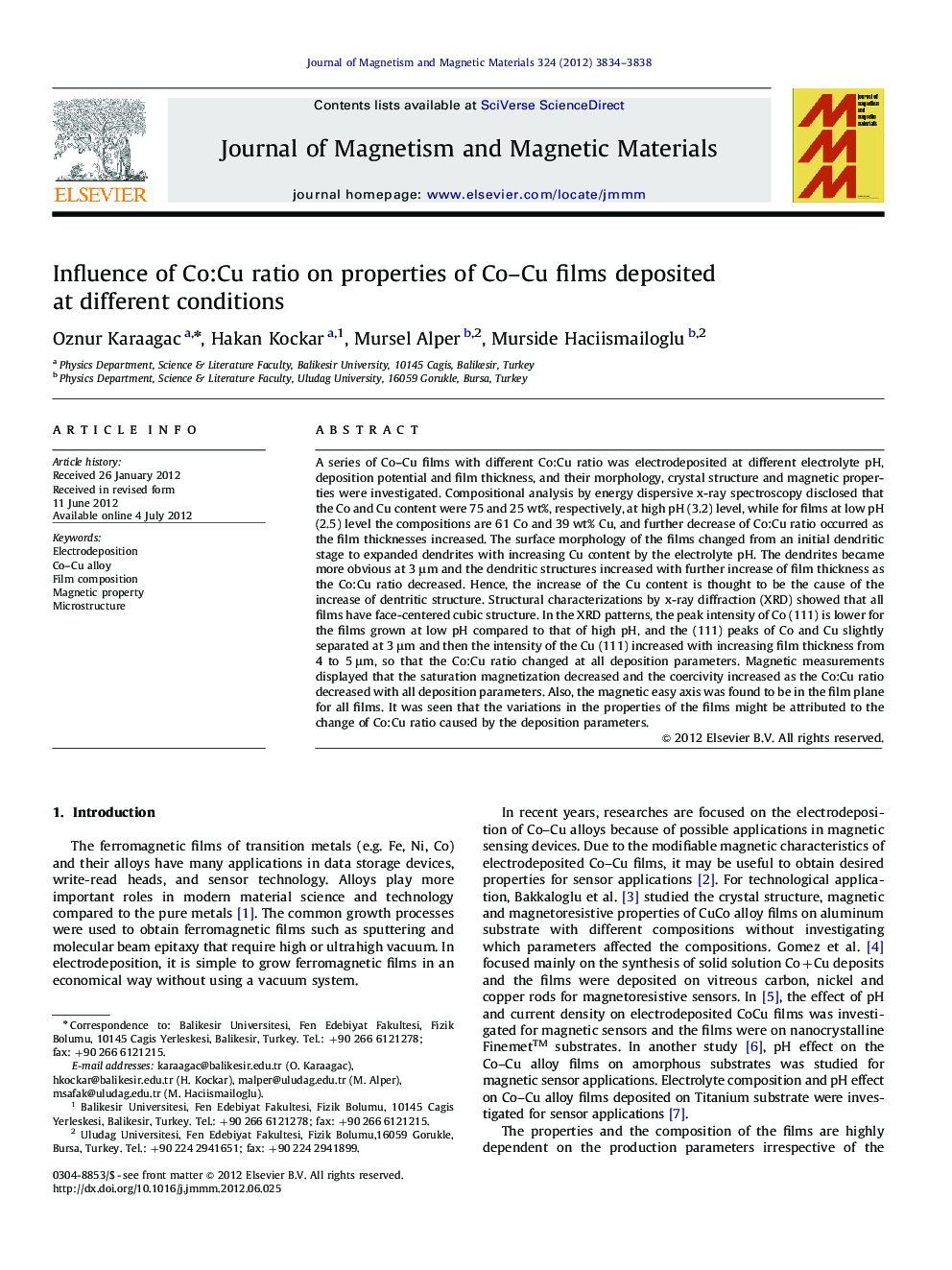 Influence of Co:Cu ratio on properties of Co-Cu films deposited at different conditions