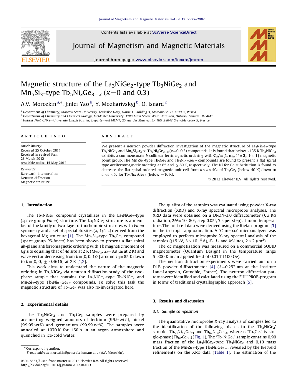 Magnetic structure of the La3NiGe2-type Tb3NiGe2 and Mn5Si3-type Tb5NixGe3âx (x=0 and 0.3)