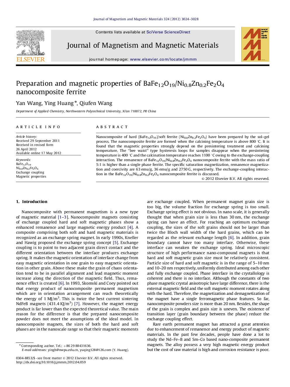 Preparation and magnetic properties of BaFe12O19/Ni0.8Zn0.2Fe2O4 nanocomposite ferrite