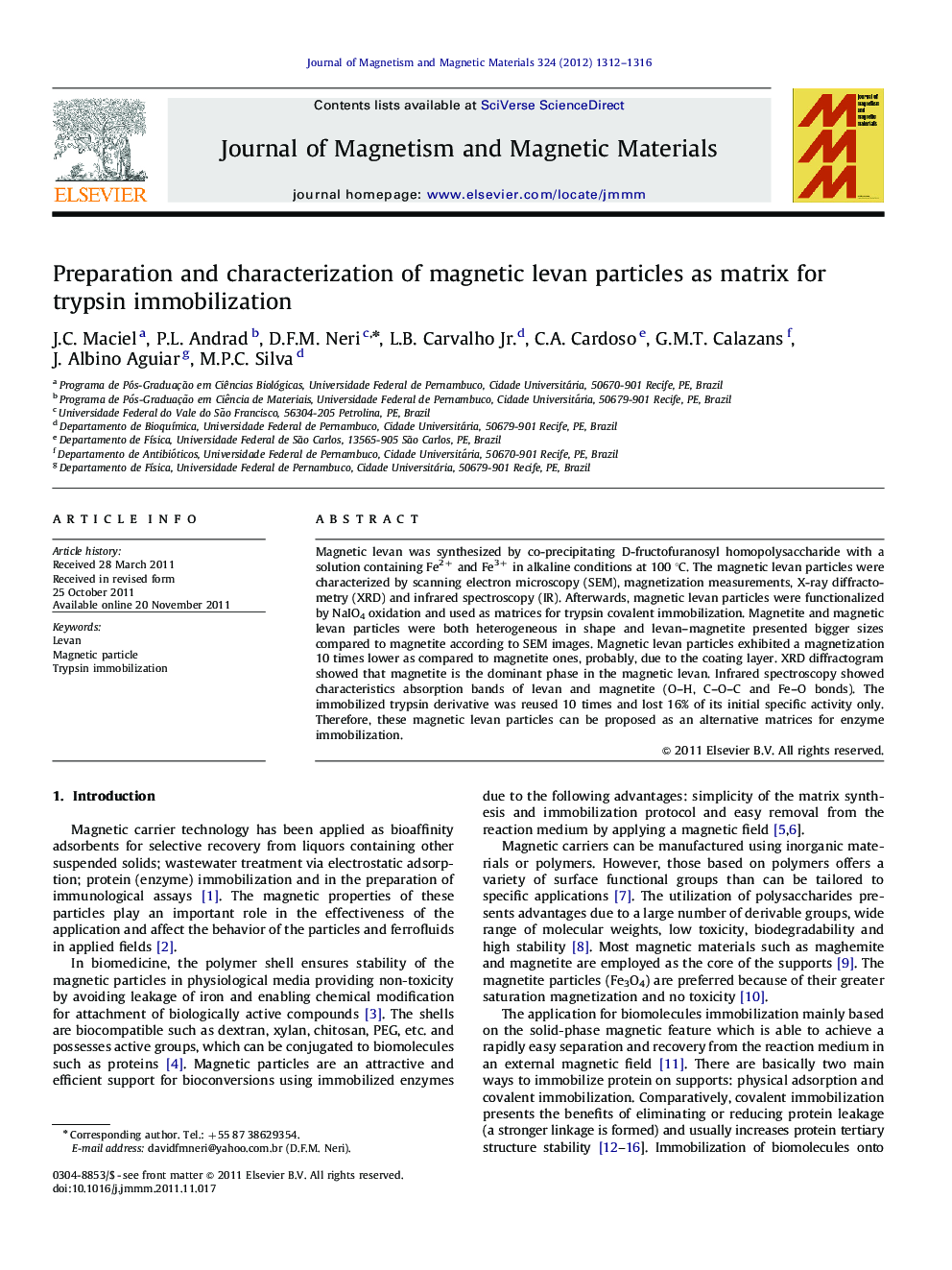 Preparation and characterization of magnetic levan particles as matrix for trypsin immobilization