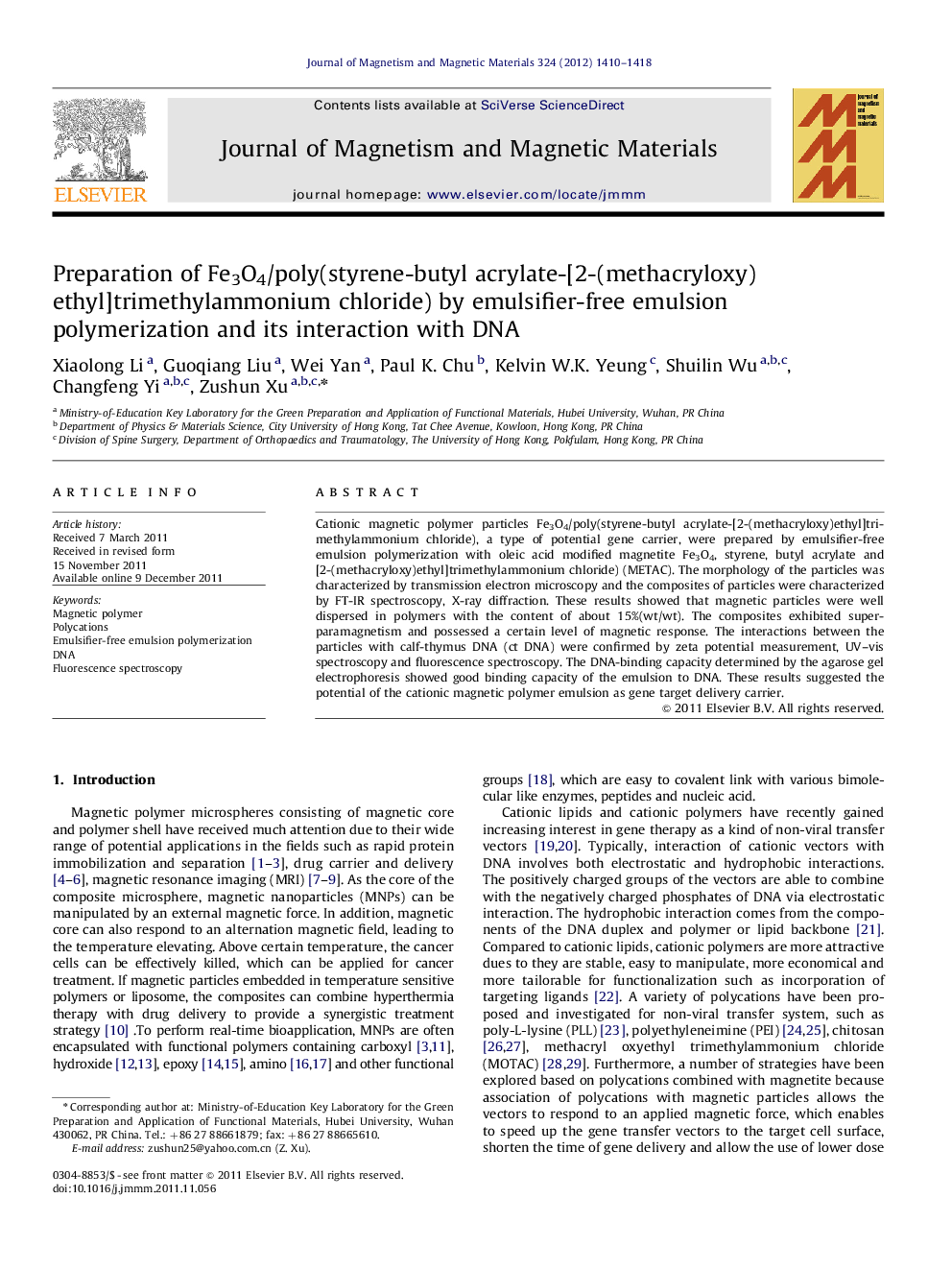 Preparation of Fe3O4/poly(styrene-butyl acrylate-[2-(methacryloxy)ethyl]trimethylammonium chloride) by emulsifier-free emulsion polymerization and its interaction with DNA