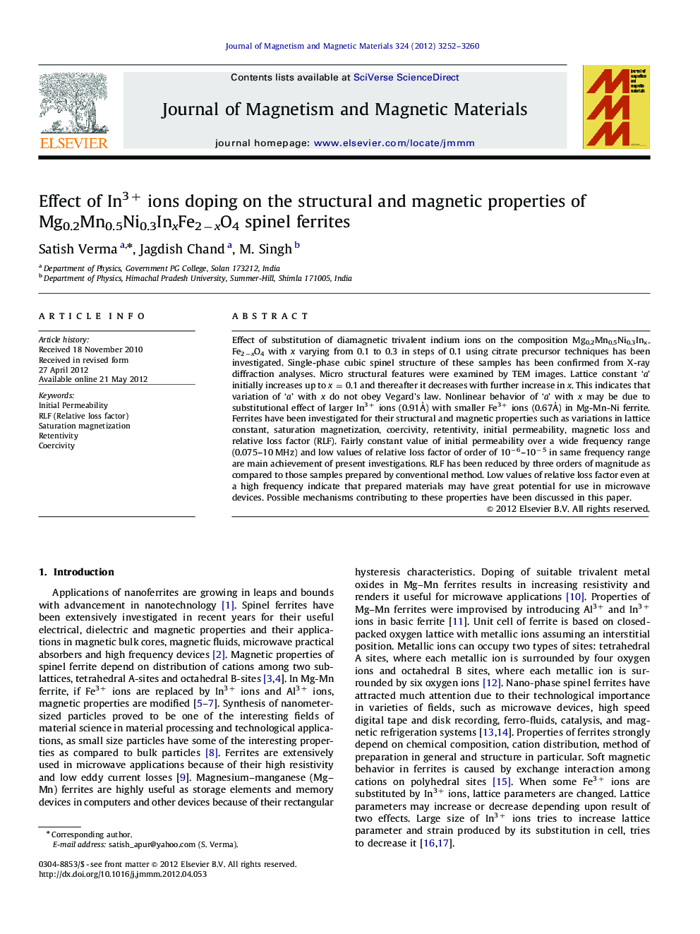 Effect of In3+ ions doping on the structural and magnetic properties of Mg0.2Mn0.5Ni0.3InxFe2âxO4 spinel ferrites