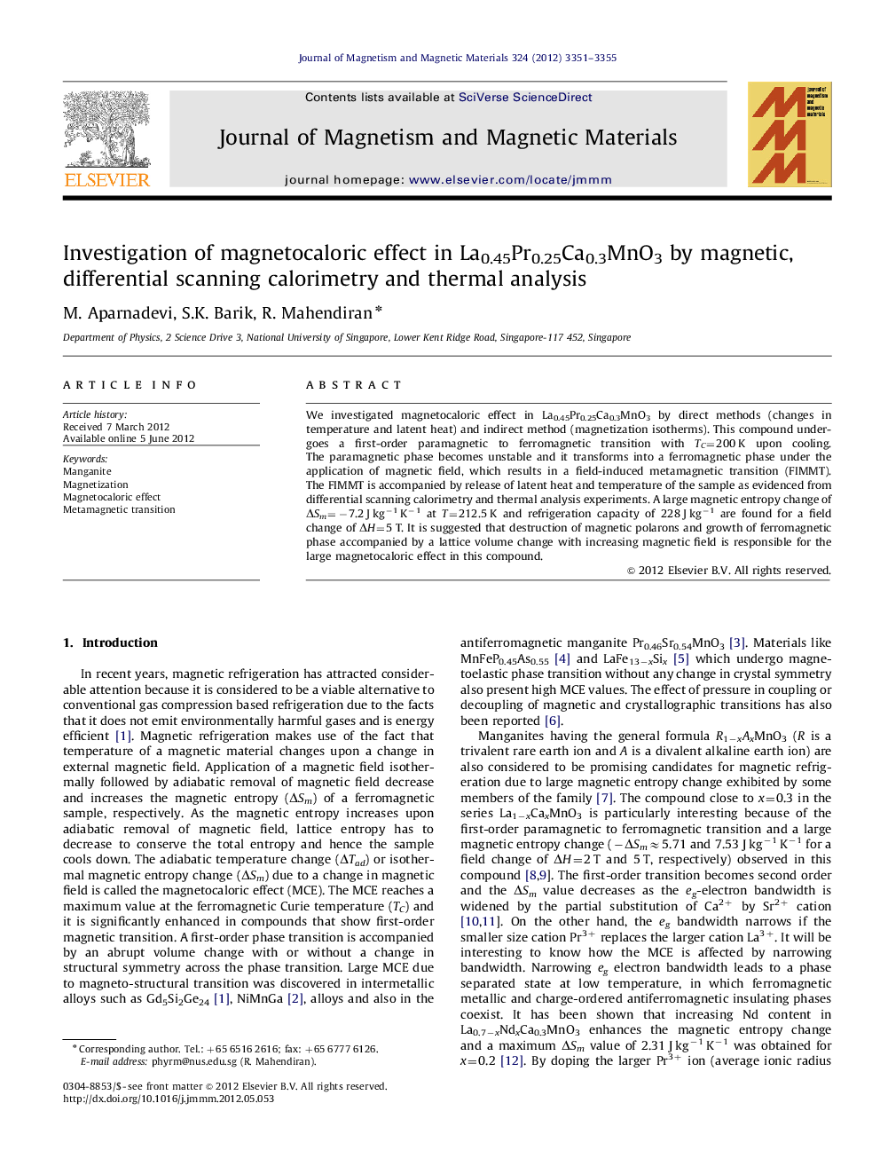 Investigation of magnetocaloric effect in La0.45Pr0.25Ca0.3MnO3 by magnetic, differential scanning calorimetry and thermal analysis