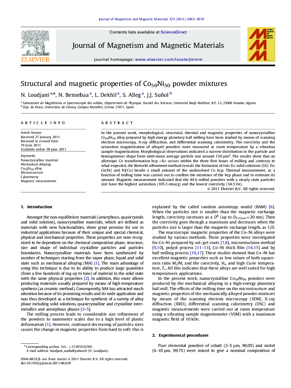 Structural and magnetic properties of Co50Ni50 powder mixtures