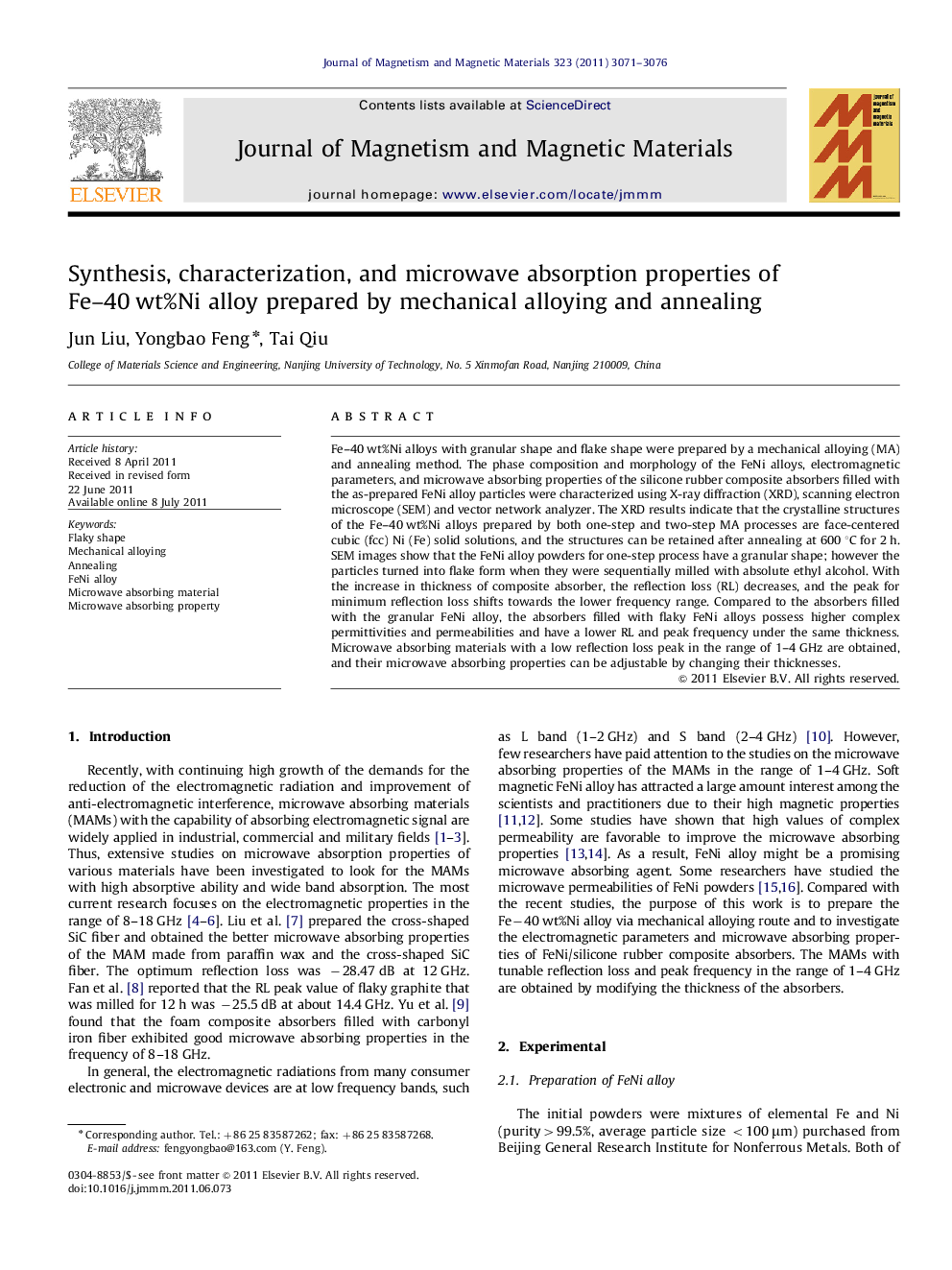 Synthesis, characterization, and microwave absorption properties of Fe-40Â wt%Ni alloy prepared by mechanical alloying and annealing