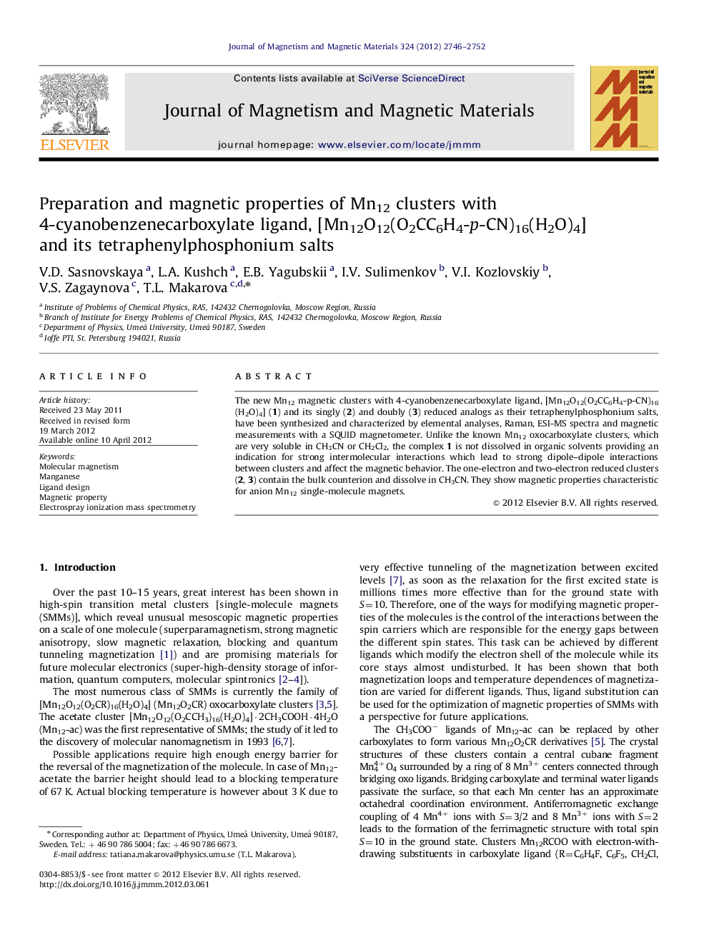 Preparation and magnetic properties of Mn12 clusters with 4-cyanobenzenecarboxylate ligand, [Mn12O12(O2CC6H4-p-CN)16(H2O)4] and its tetraphenylphosphonium salts