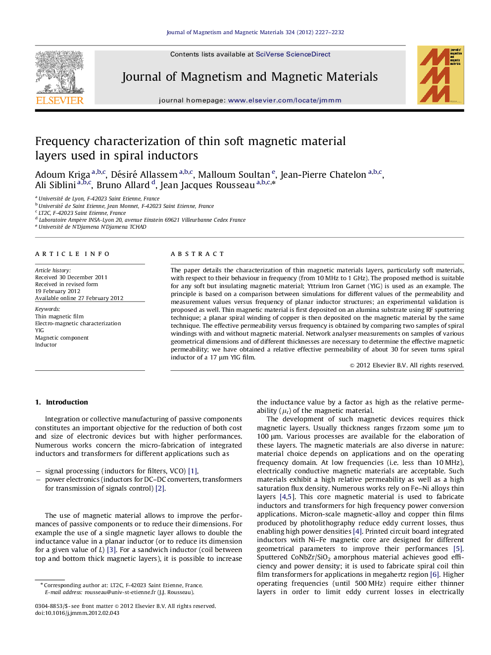 Frequency characterization of thin soft magnetic material layers used in spiral inductors