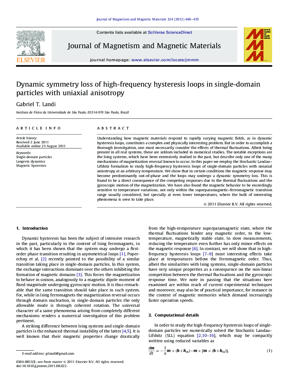 Dynamic symmetry loss of high-frequency hysteresis loops in single-domain particles with uniaxial anisotropy