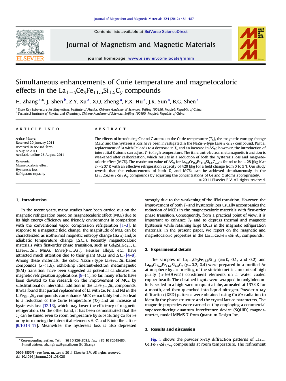 Simultaneous enhancements of Curie temperature and magnetocaloric effects in the La1âxCexFe11.5Si1.5Cy compounds