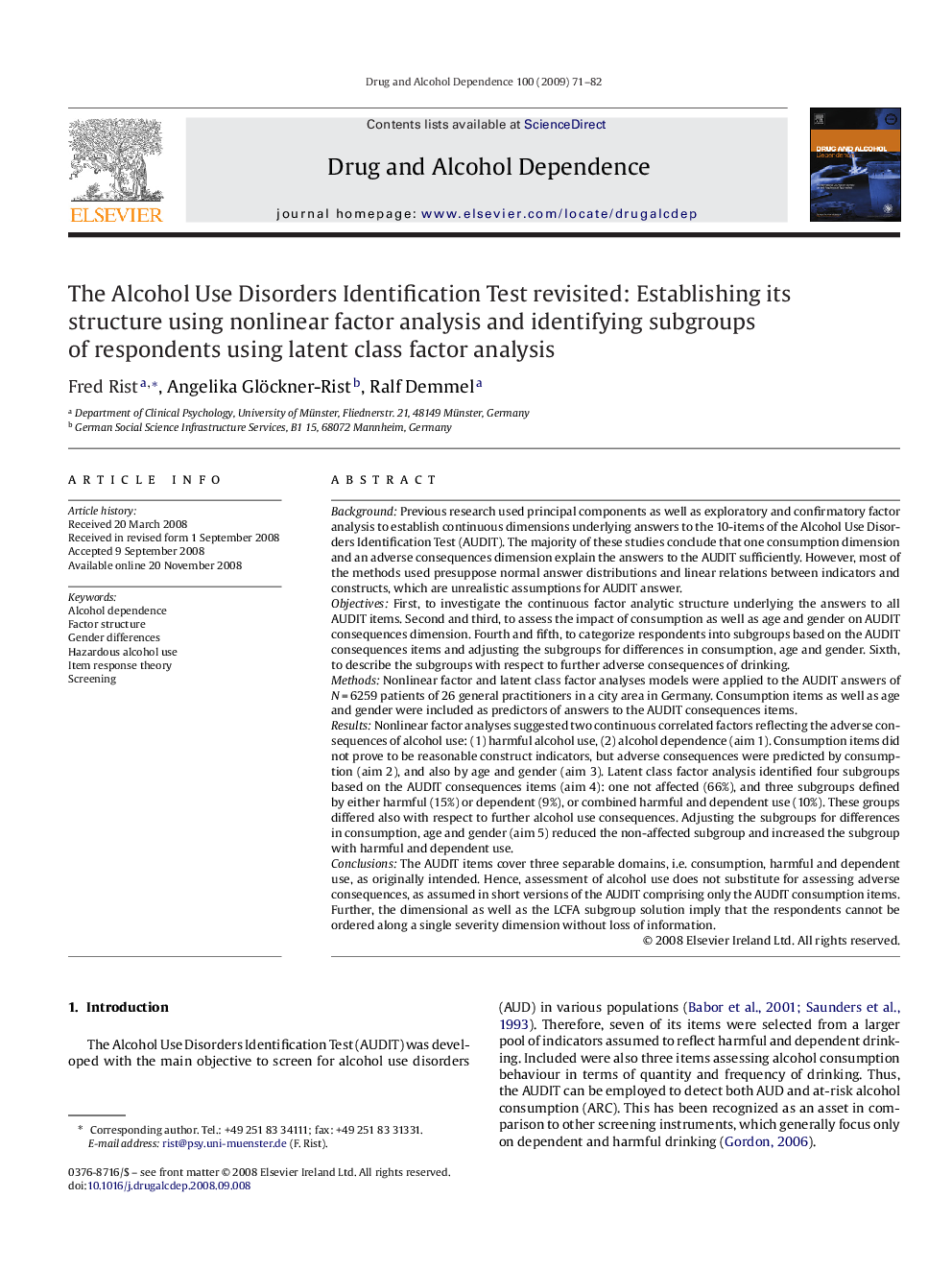 The Alcohol Use Disorders Identification Test revisited: Establishing its structure using nonlinear factor analysis and identifying subgroups of respondents using latent class factor analysis