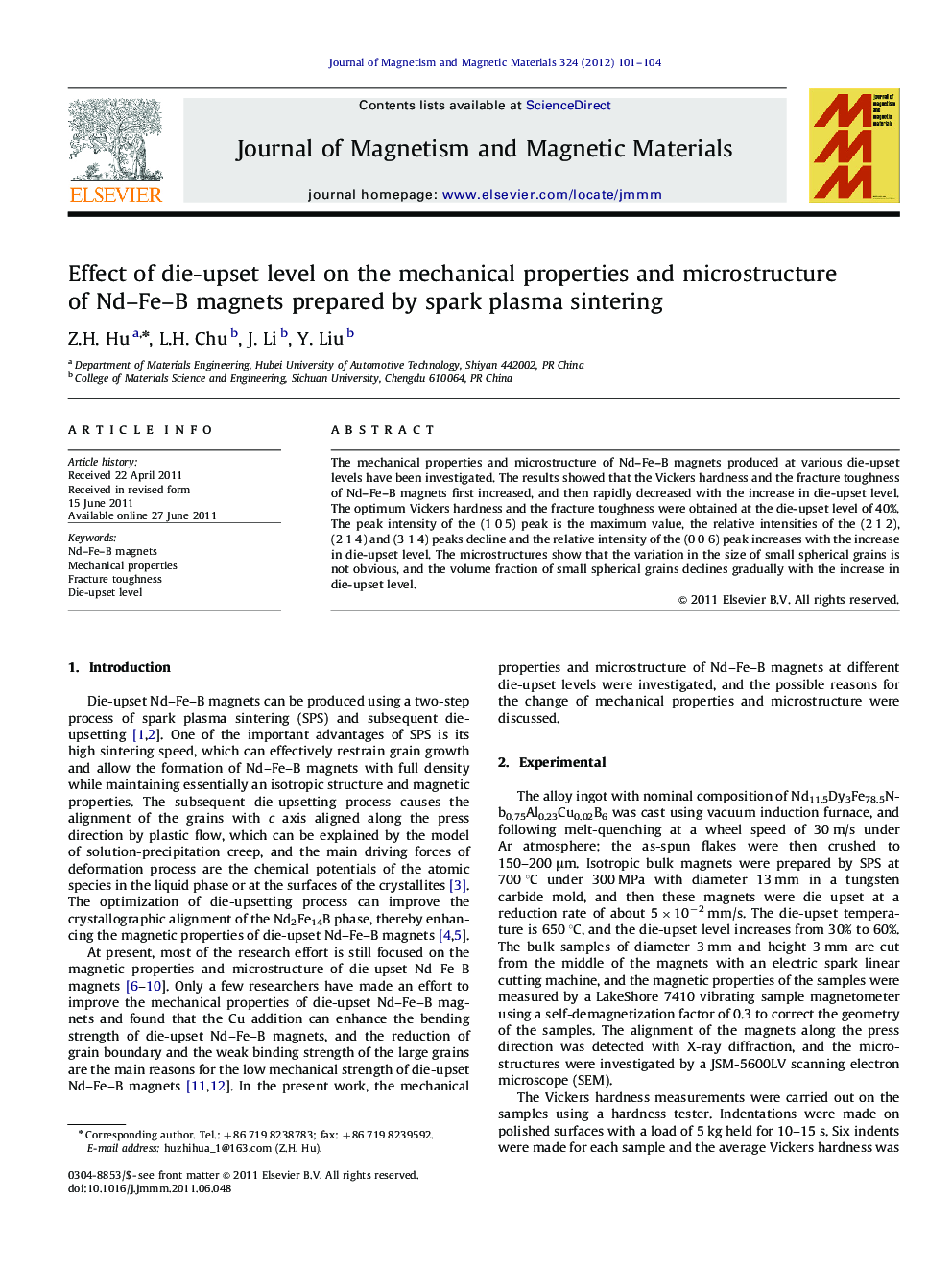 Effect of die-upset level on the mechanical properties and microstructure of Nd-Fe-B magnets prepared by spark plasma sintering