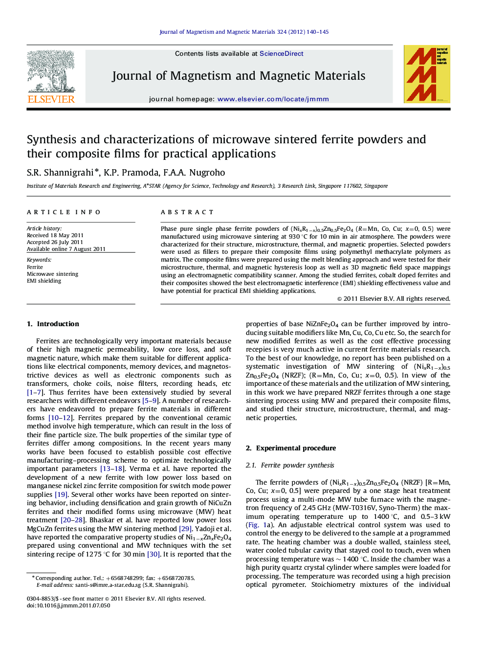 Synthesis and characterizations of microwave sintered ferrite powders and their composite films for practical applications