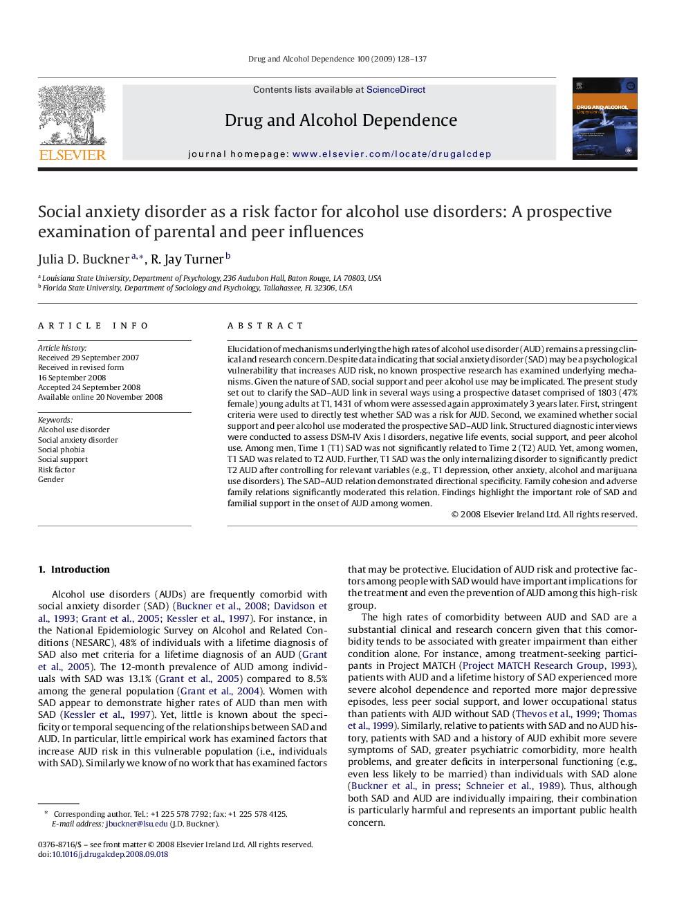 Social anxiety disorder as a risk factor for alcohol use disorders: A prospective examination of parental and peer influences