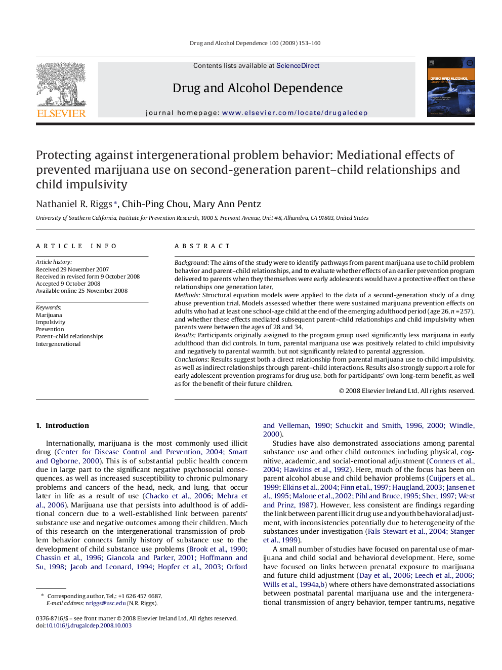 Protecting against intergenerational problem behavior: Mediational effects of prevented marijuana use on second-generation parent–child relationships and child impulsivity