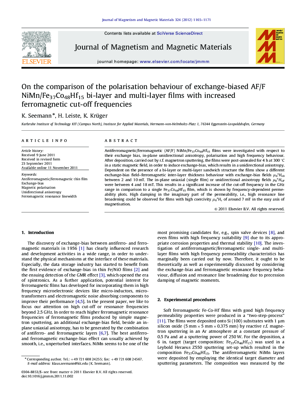 On the comparison of the polarisation behaviour of exchange-biased AF/F NiMn/Fe37Co48Hf15 bi-layer and multi-layer films with increased ferromagnetic cut-off frequencies