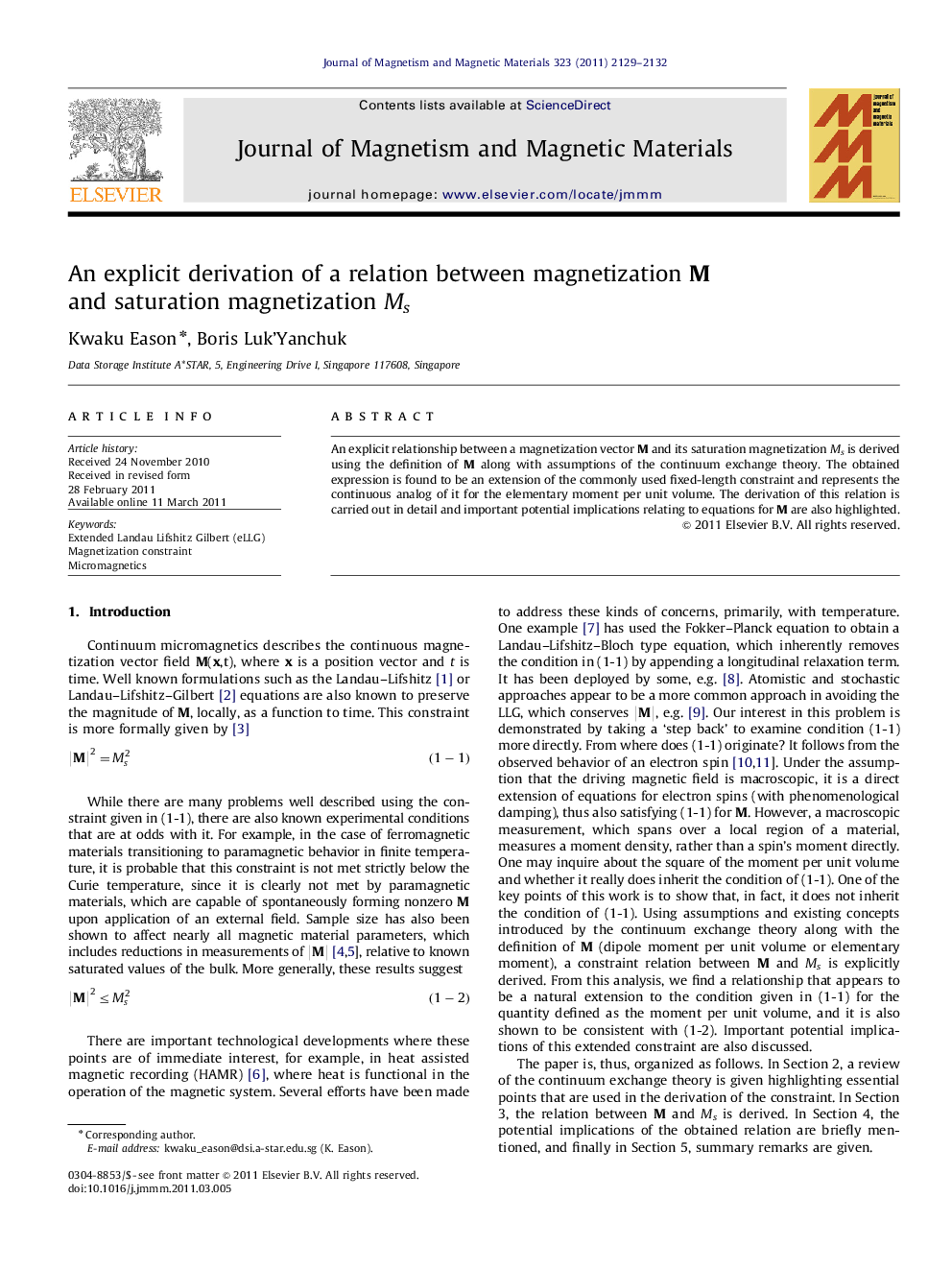 An explicit derivation of a relation between magnetization M and saturation magnetization Ms