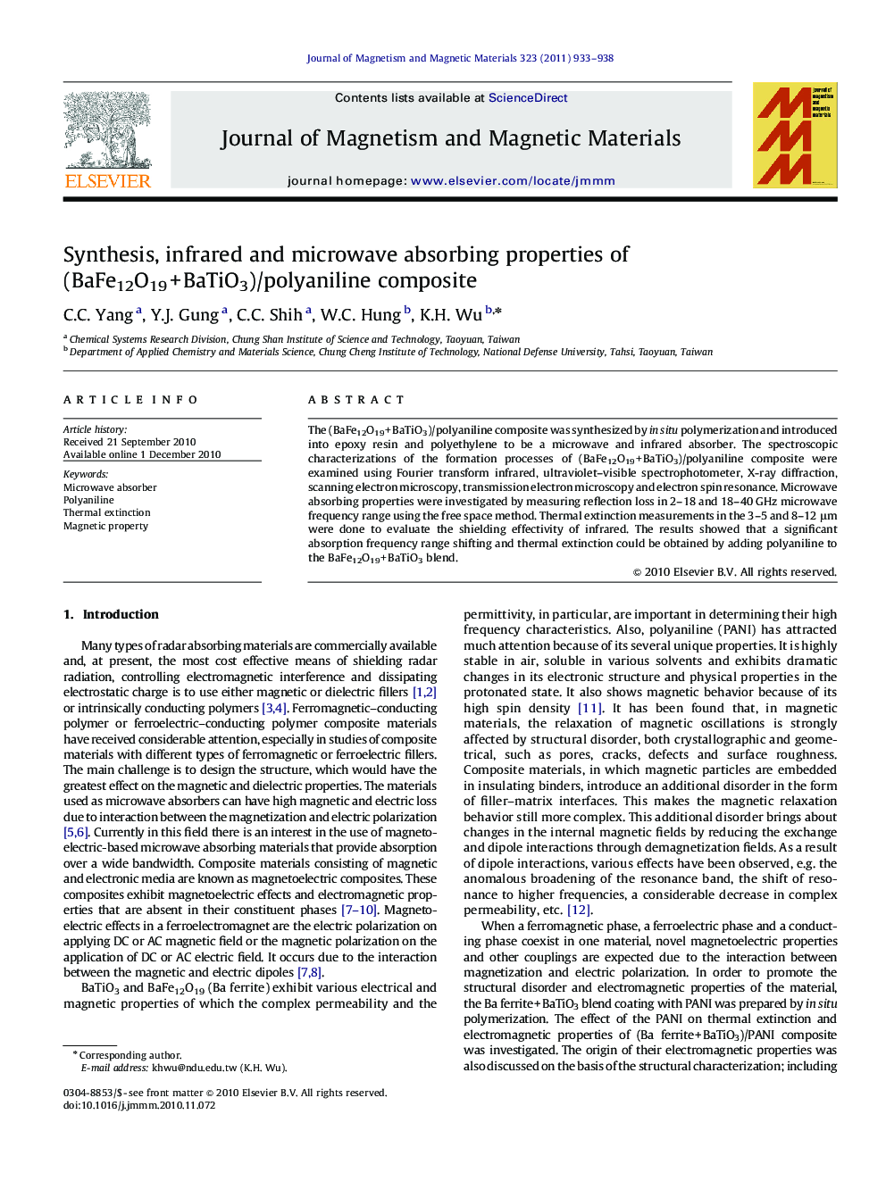 Synthesis, infrared and microwave absorbing properties of (BaFe12O19+BaTiO3)/polyaniline composite