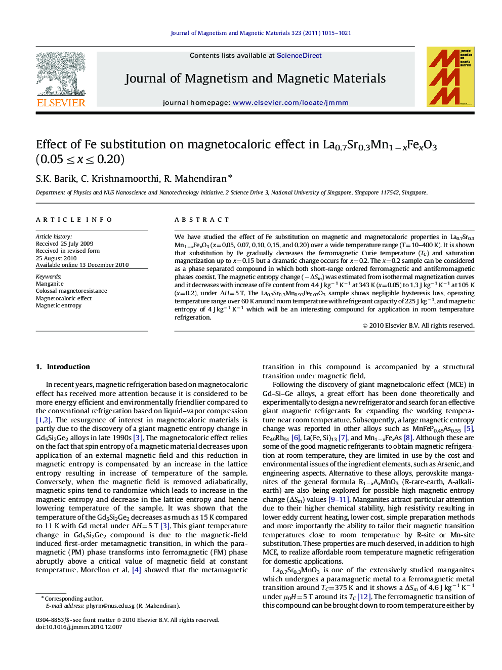 Effect of Fe substitution on magnetocaloric effect in La0.7Sr0.3Mn1âxFexO3 (0.05â¤xâ¤0.20)
