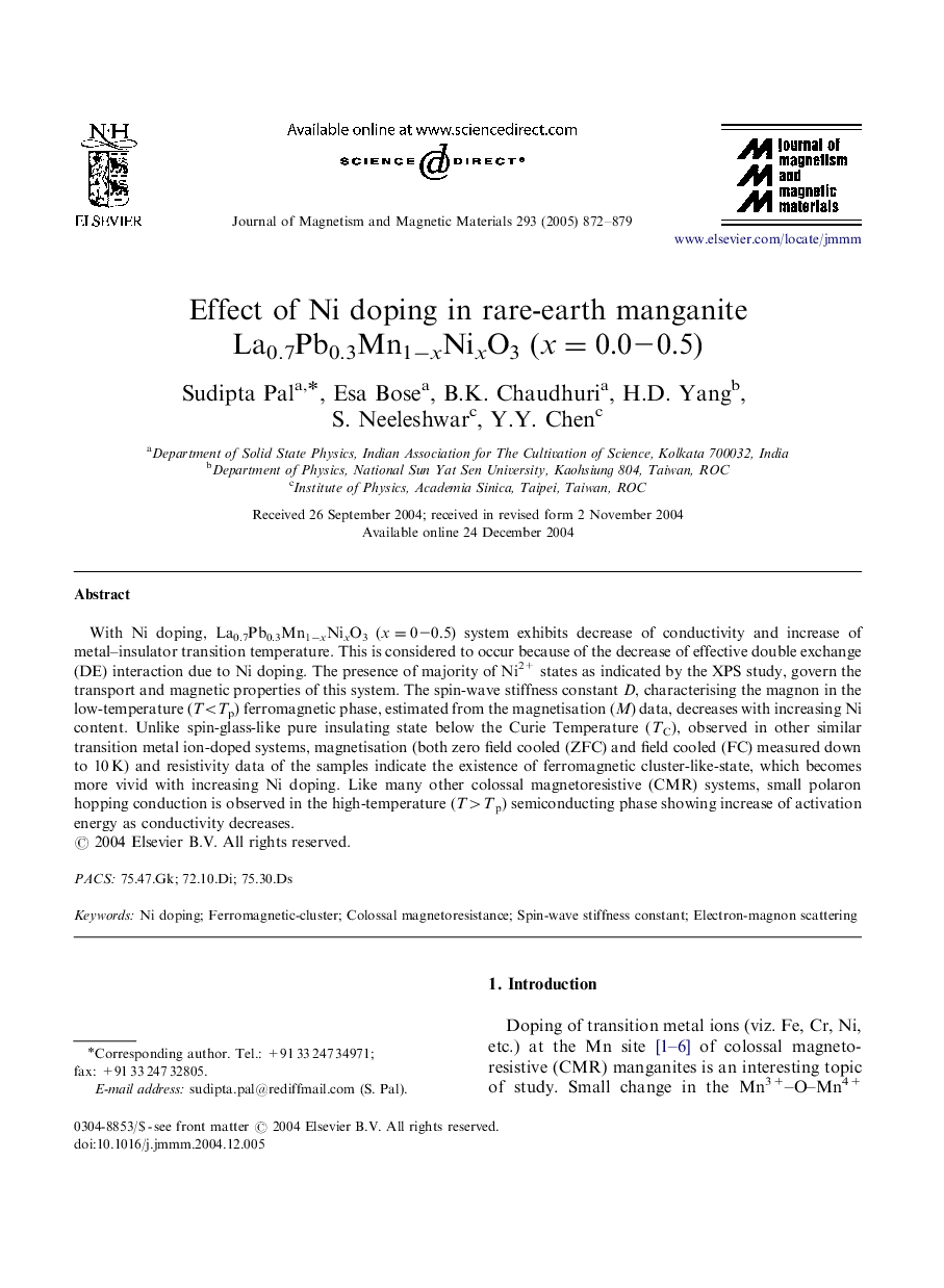 Effect of Ni doping in rare-earth manganite La0.7Pb0.3Mn1âxNixO3 (x=0.0-0.5)
