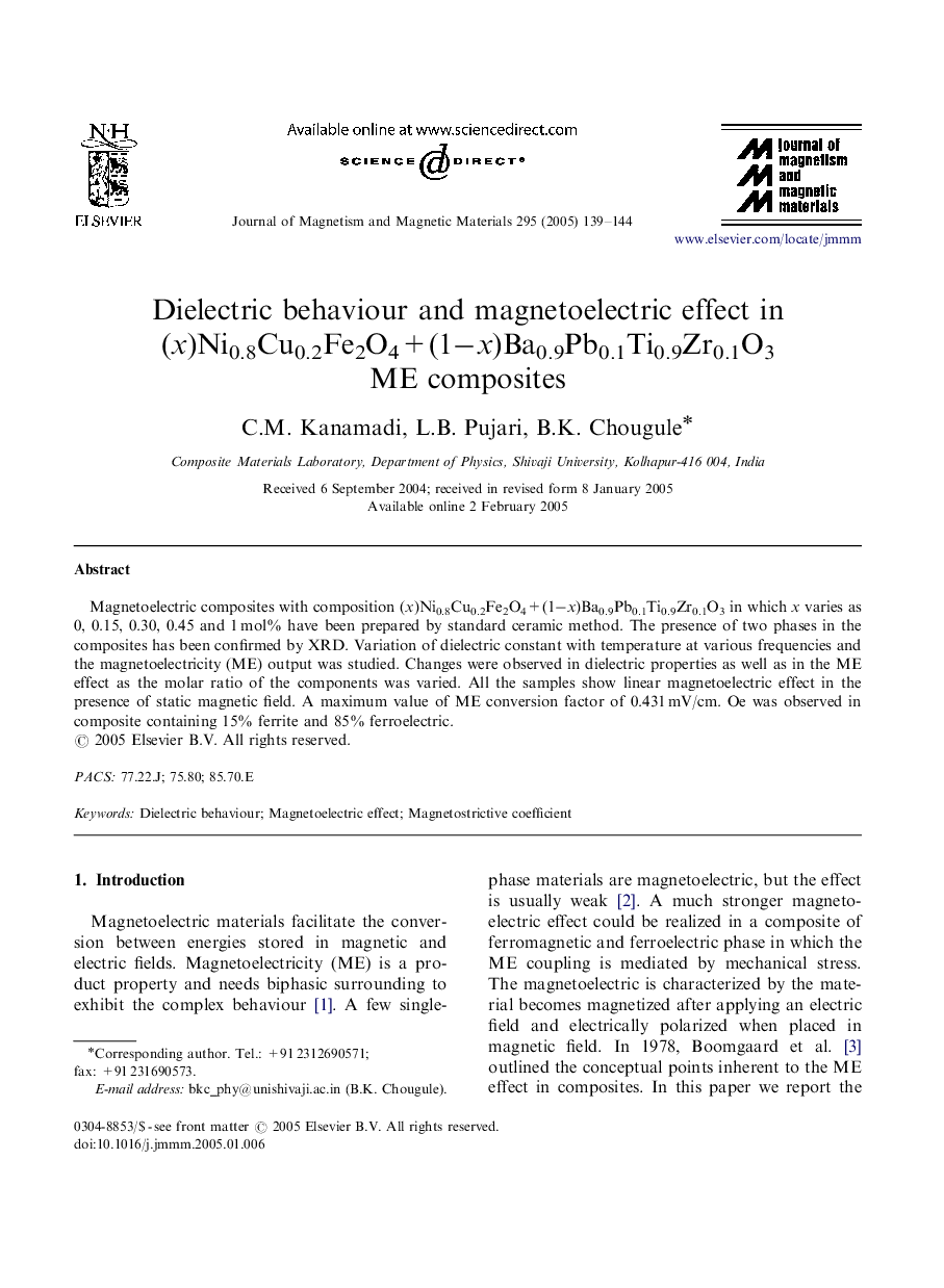 Dielectric behaviour and magnetoelectric effect in (x)Ni0.8Cu0.2Fe2O4+(1âx)Ba0.9Pb0.1Ti0.9Zr0.1O3 ME composites