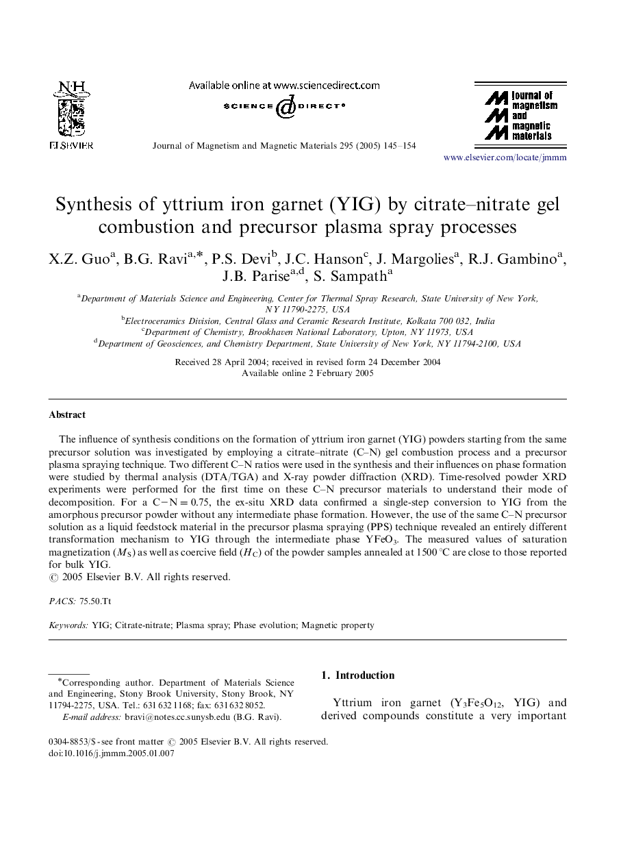 Synthesis of yttrium iron garnet (YIG) by citrate-nitrate gel combustion and precursor plasma spray processes