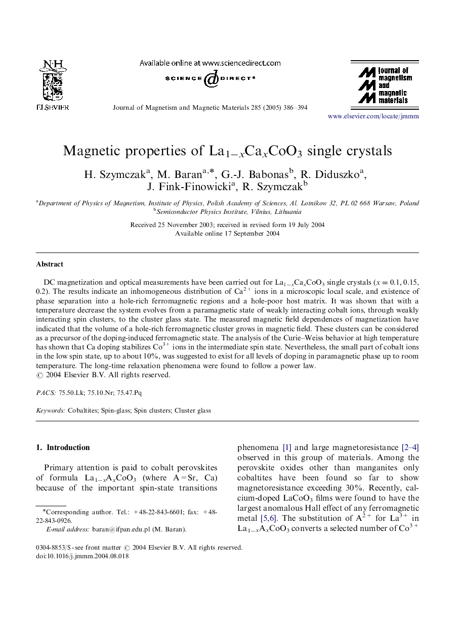 Magnetic properties of La1âxCaxCoO3 single crystals