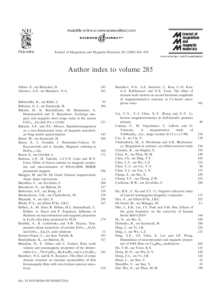 Author index to volume 285