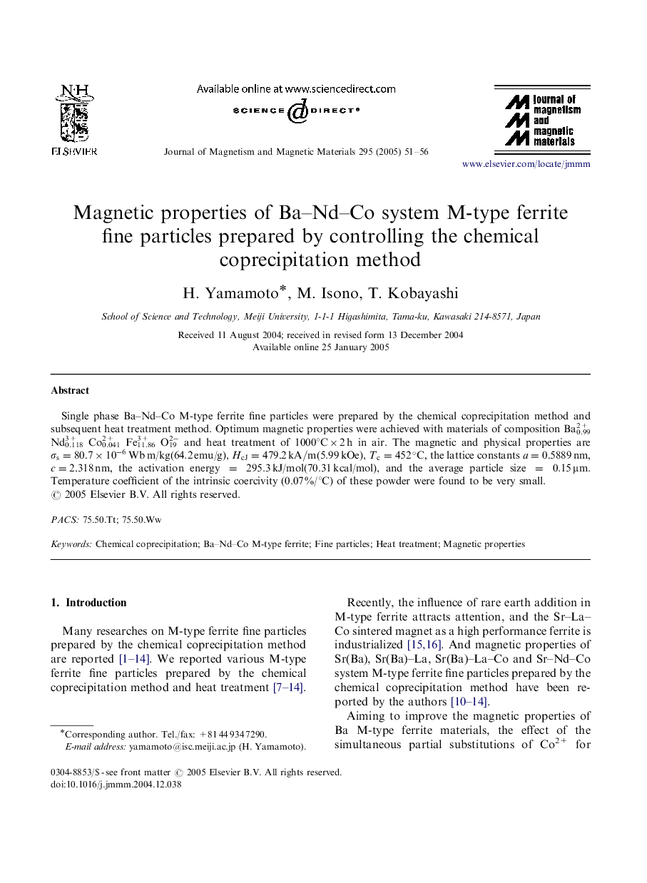 Magnetic properties of Ba-Nd-Co system M-type ferrite fine particles prepared by controlling the chemical coprecipitation method