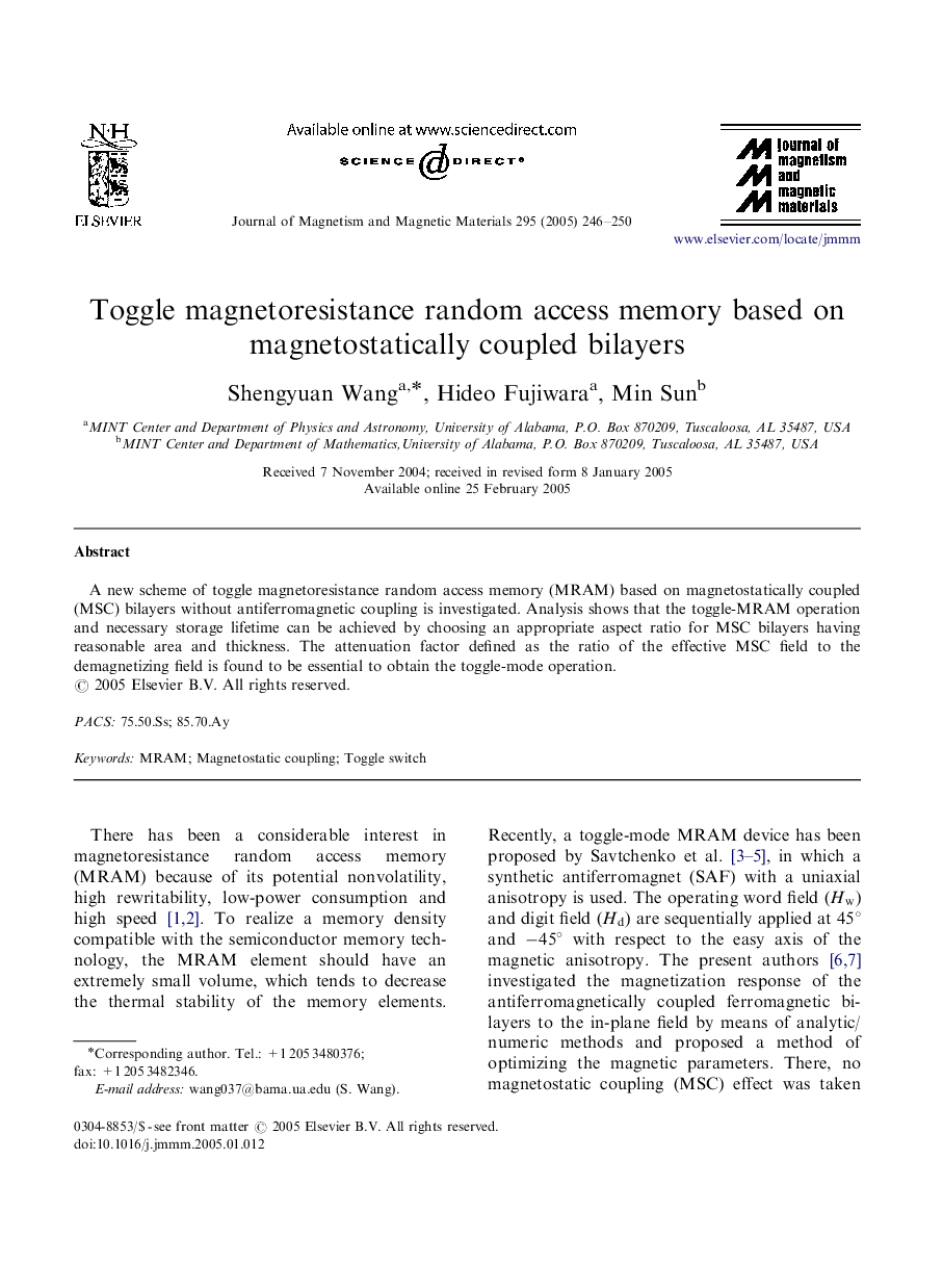 Toggle magnetoresistance random access memory based on magnetostatically coupled bilayers