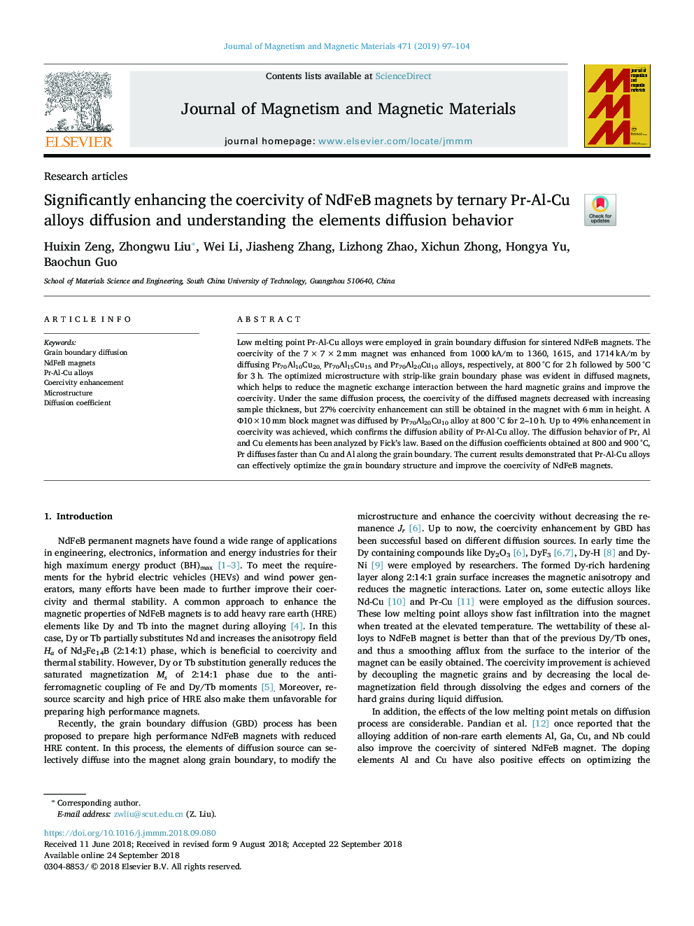 Significantly enhancing the coercivity of NdFeB magnets by ternary Pr-Al-Cu alloys diffusion and understanding the elements diffusion behavior